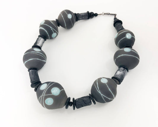 1980s Mod Style Grey Ceramic Beaded Choker Necklace