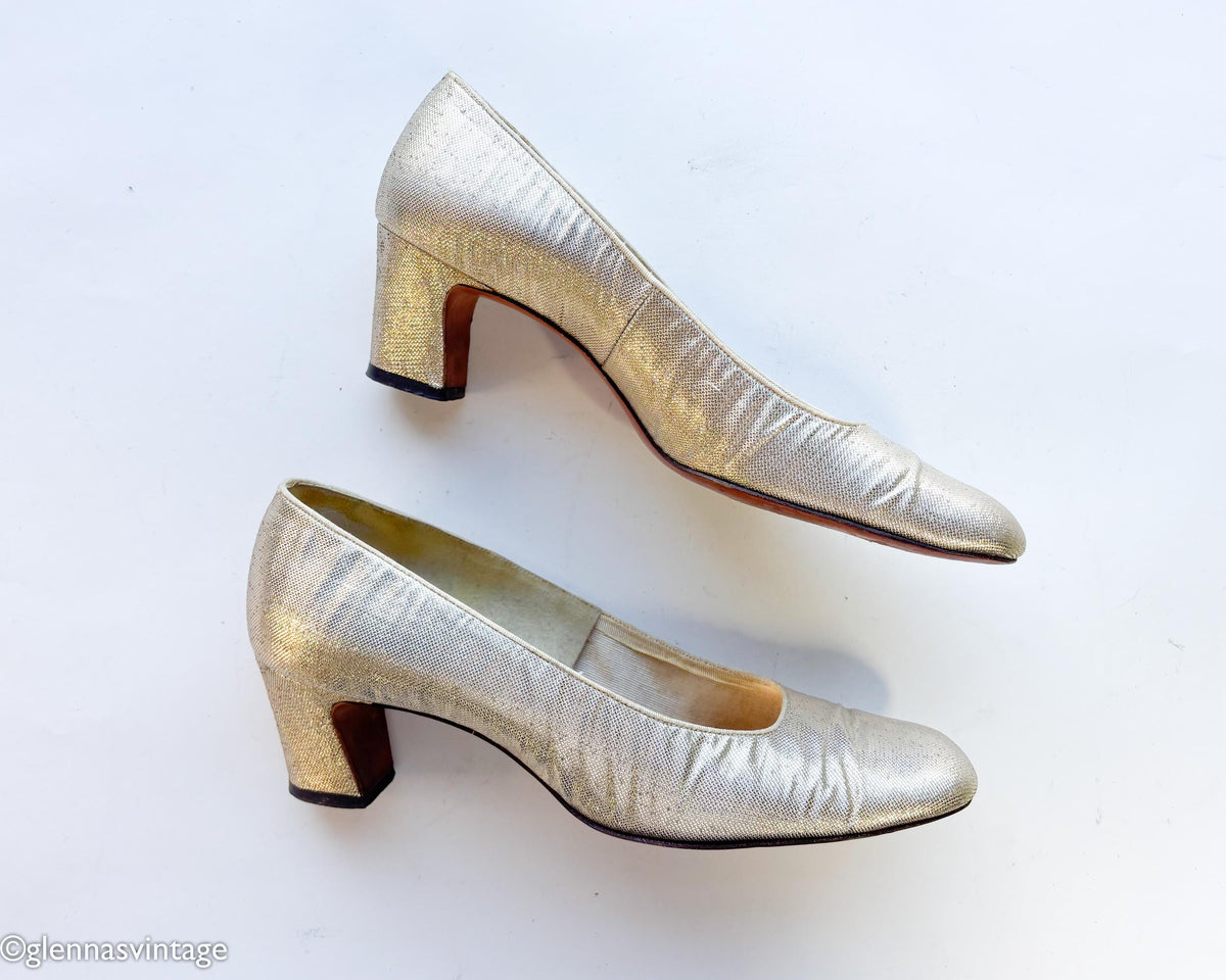 1960s Gold Lamé Evening Heels Pumps US 7
