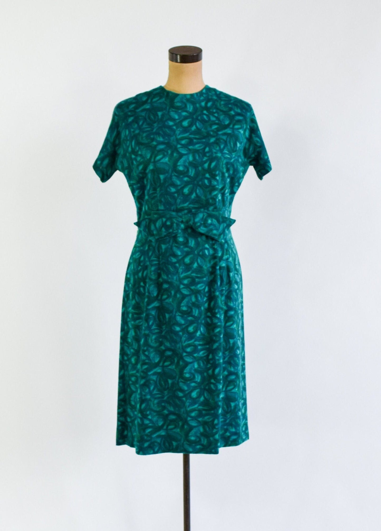 1960s Turquoise Green Floral Wool Knit Dress, Medium