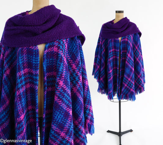 1980s Purple Blue Plaid Cape Irish Wool Cape, One Size