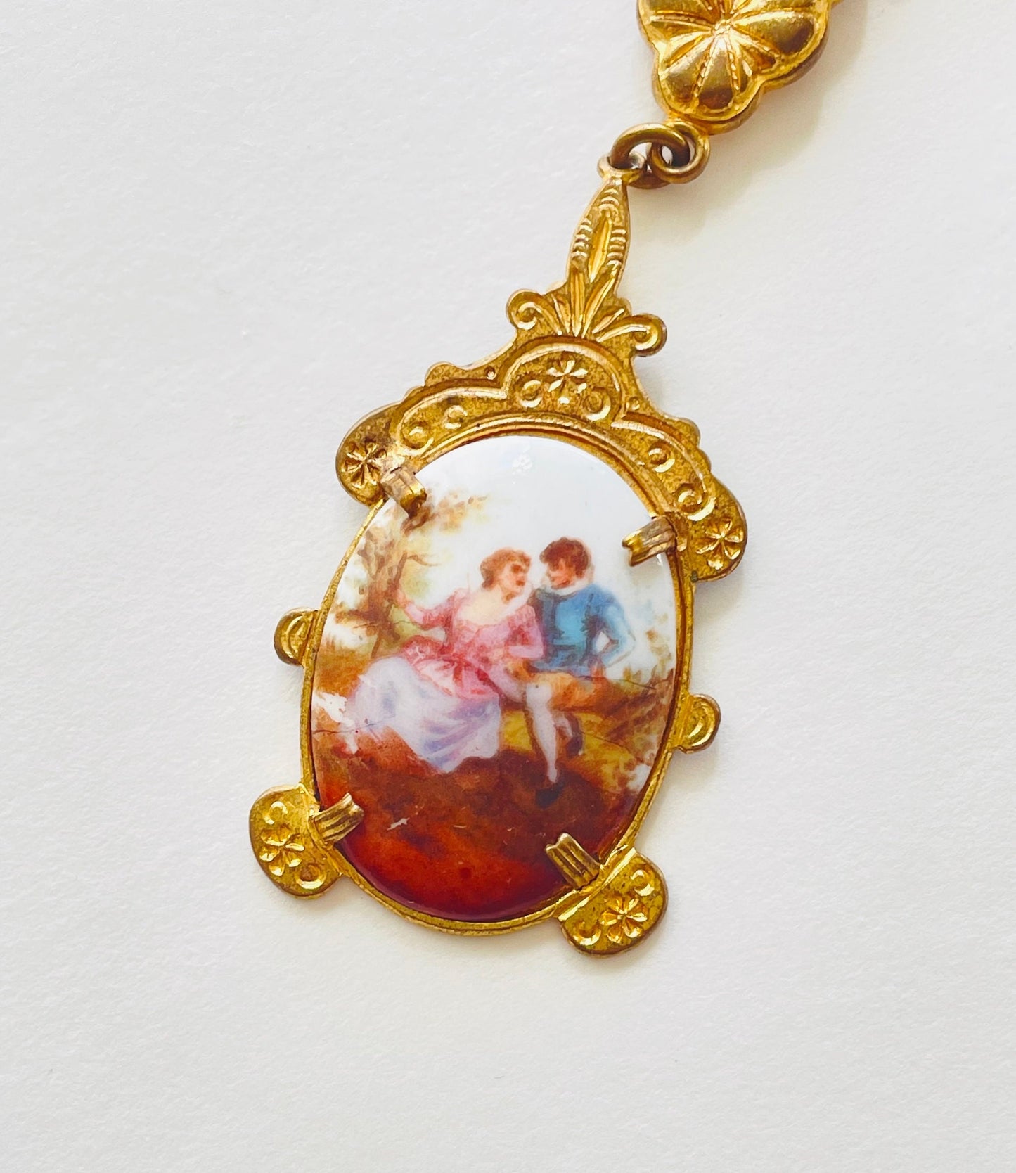 1920s Porcelain Pendant Necklace | Gold Victorian Couple, Brass Chain