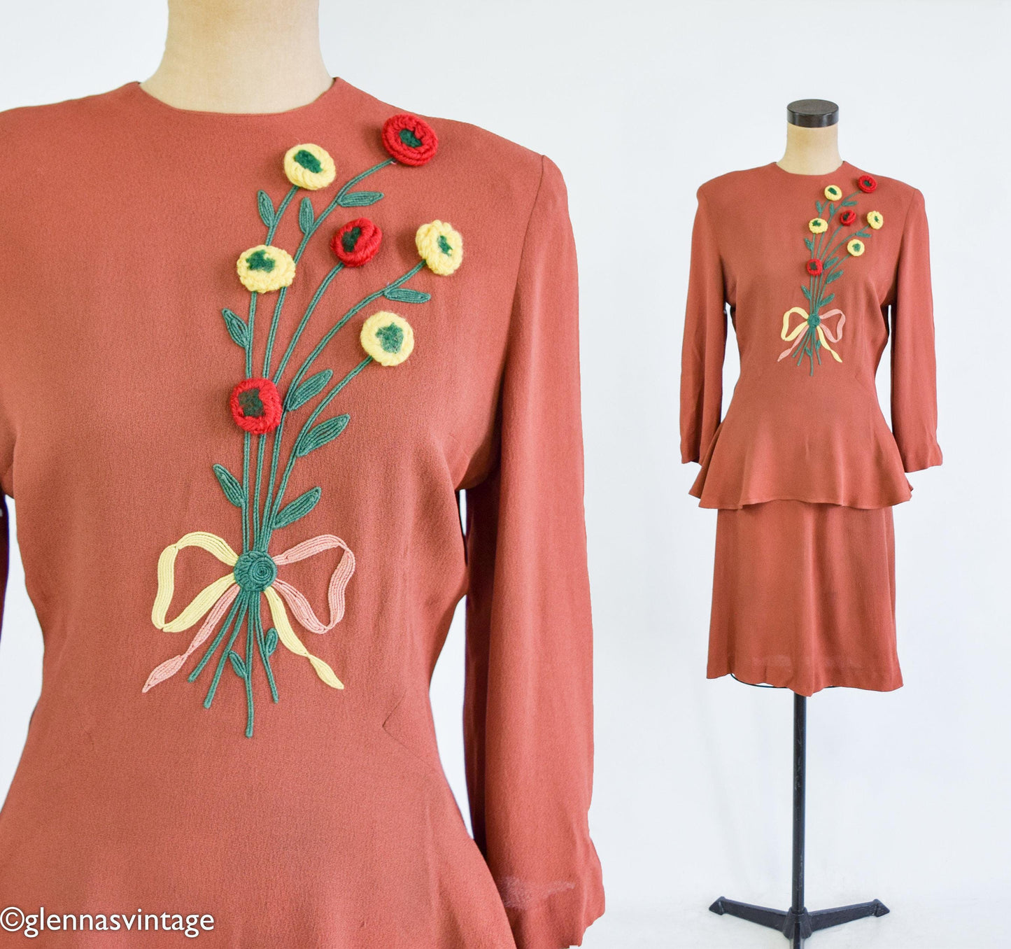 1940s Brown Embroidered Top & Skirt Set, Small