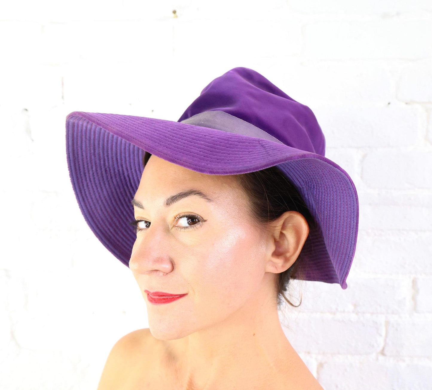 1970s Purple Velvet Floppy Hat, Bohemian Wide brim Hat