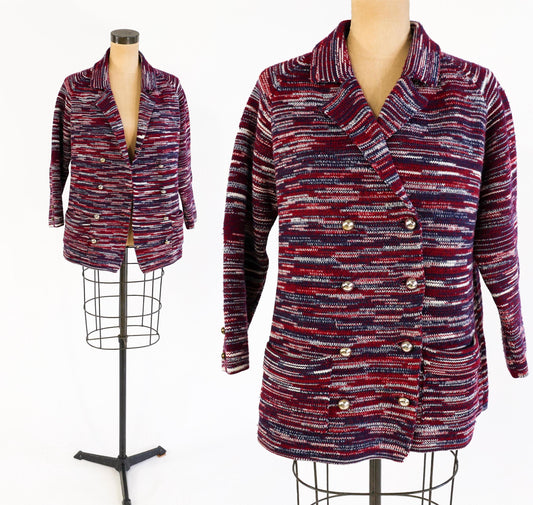 1970s Red Blue Striped Knit Cardigan Jacket by I. Magnin Double, Large