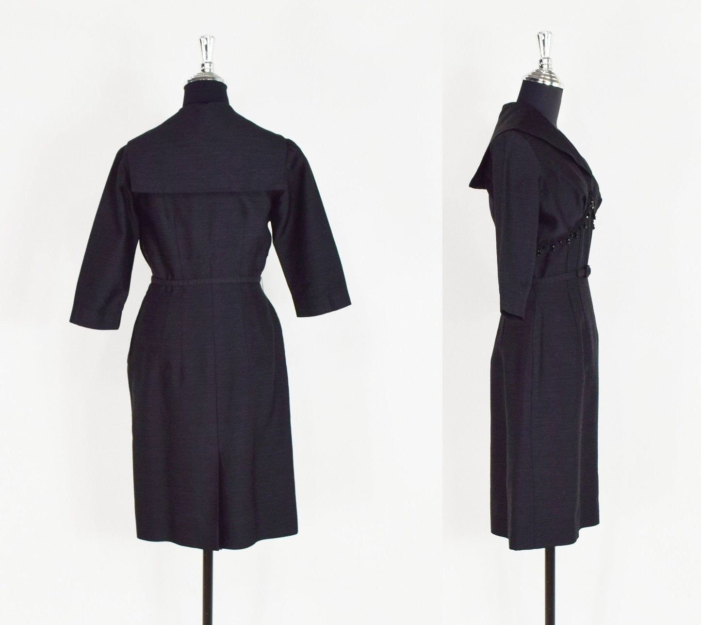 1940s Charcoal Gray Wool Dress with Collar | 40s Black Secretary Dress | White Removable Collar | Day to Night Dress | Chumley | Medium