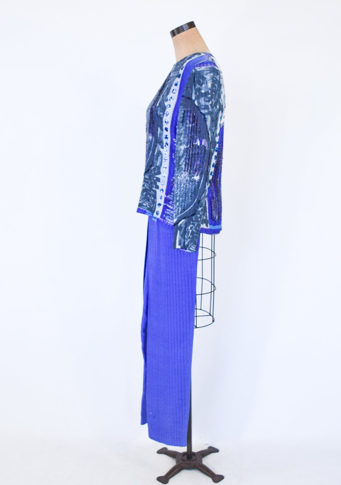 1980s Blue Silk Sequin Pant Set | 80s Purple Silk Evening Pantsuit | ICINOO | Medium