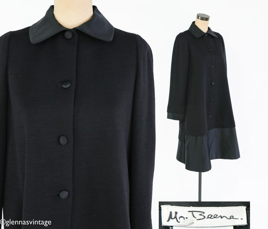 1990s Geoffrey Beene Black Wool Coat Dress | Black & Satin Tailored Coat, Size 8
