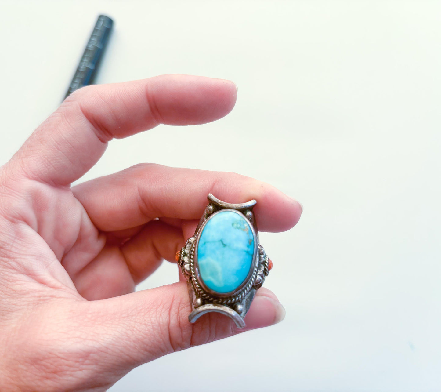 1940s Sterling Silver Turquoise Ring, Statement Large Silver Setting, Size 9
