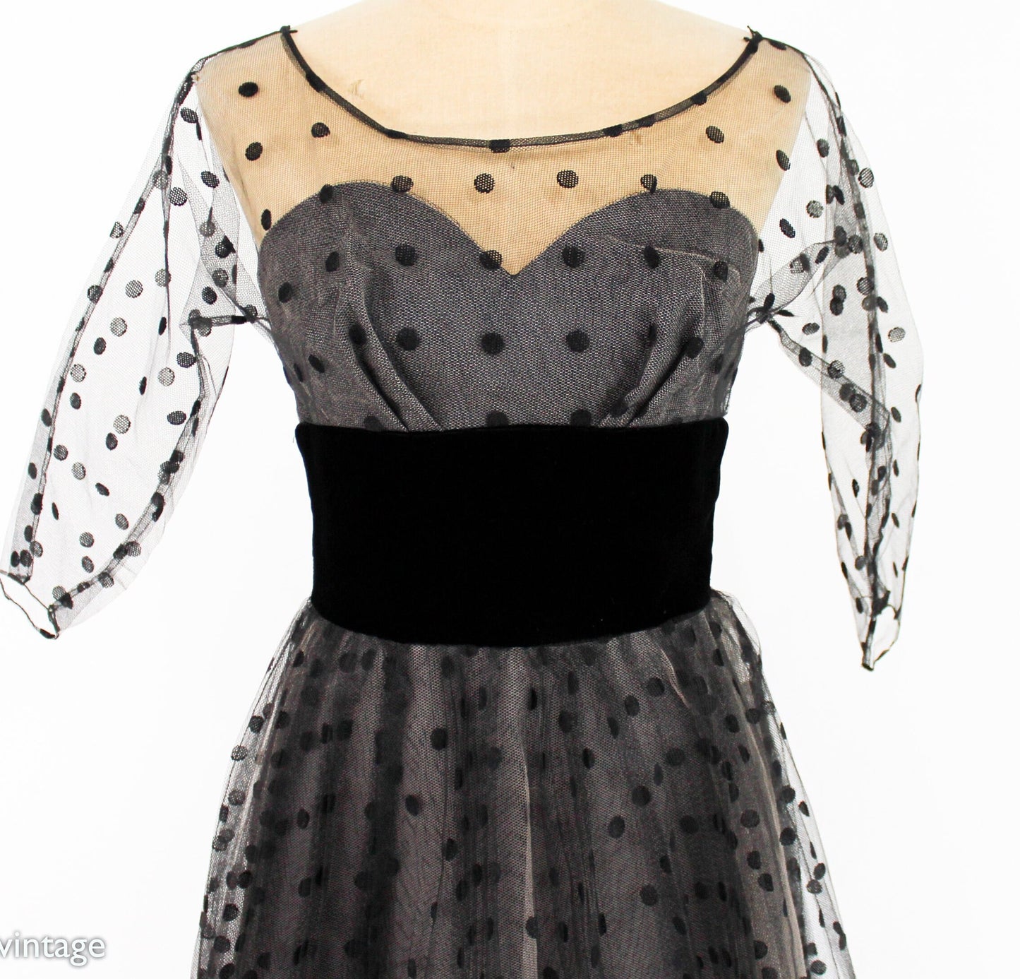 1950s Black Polka Dot Party Dress | 50s Black Tulle Cocktail Dress | Old Hollywood | X Small
