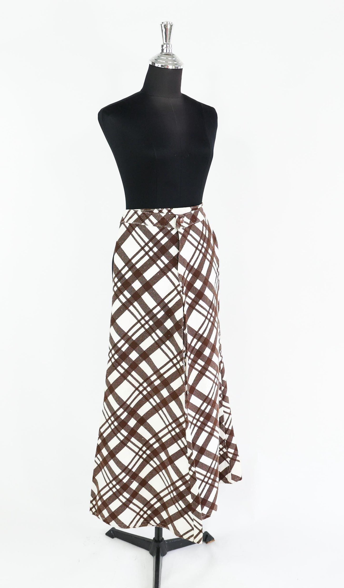 1970s Brown White Plaid Palazzo Pants, Medium