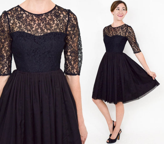 1950s Black Lace Party Dress | 50s Black Organza Cocktail Dress | Extra Small
