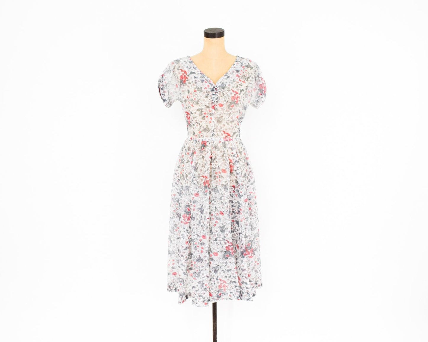 1950s White Floral Dress | 50s White Nylon Flowered Dress | Mid Century | Medium