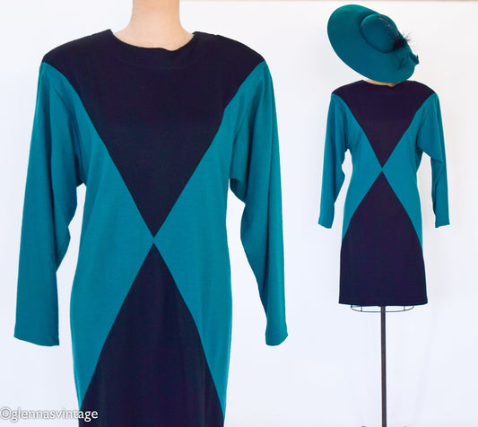1980s Green Black Color Block Dress | 80s Black & Green Knit Dress | Color Block Dress | Karen Kane | Medium