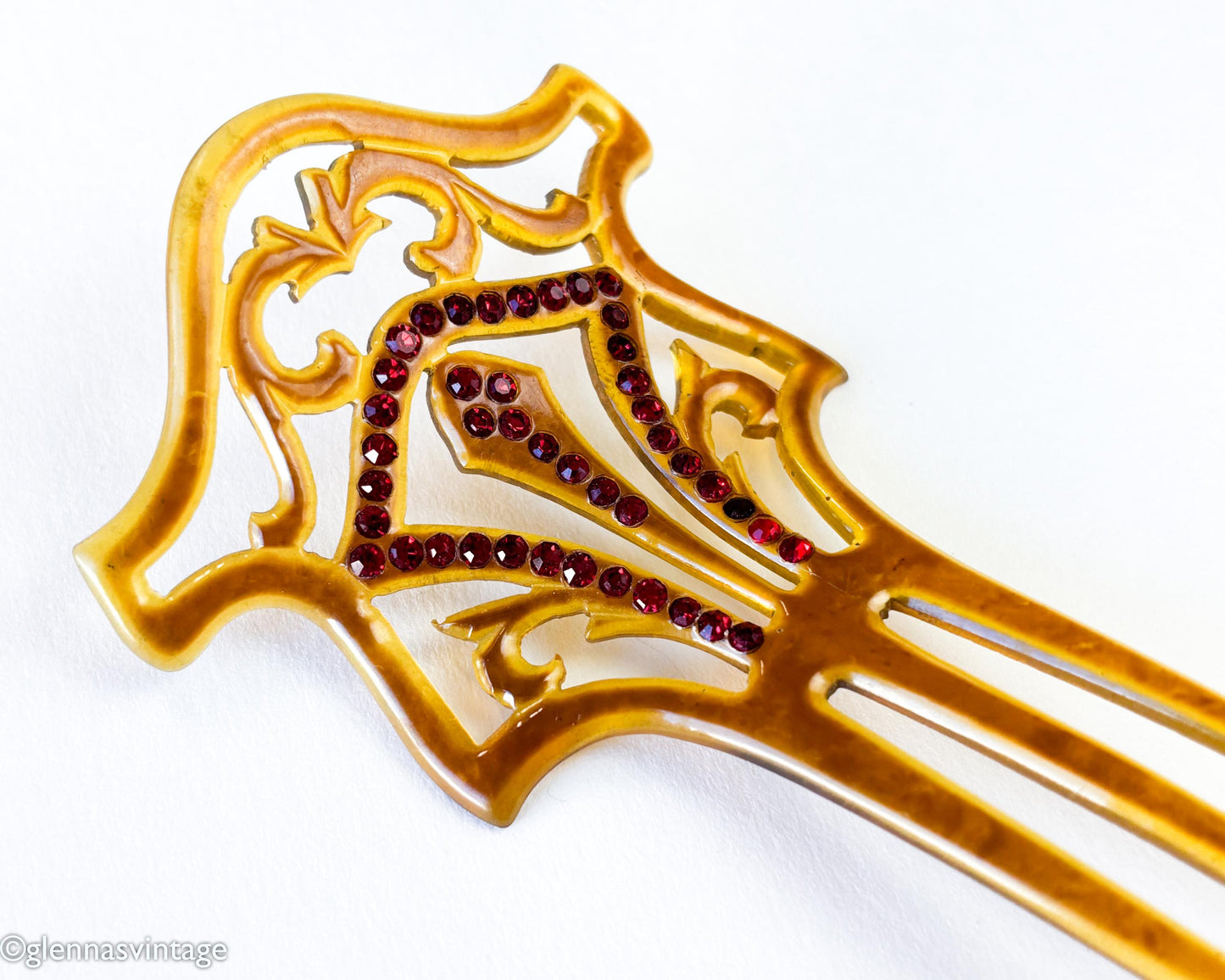 1900s Brown Celluloid Mantilla Hair Comb, Red Rhinestones