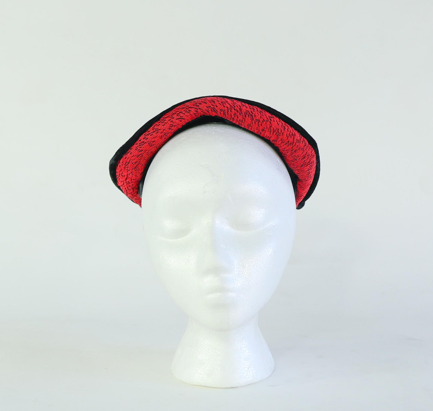 1940s Vintage Red Knit Fascinator, Red Saucer Hat with Black Velvet Tie
