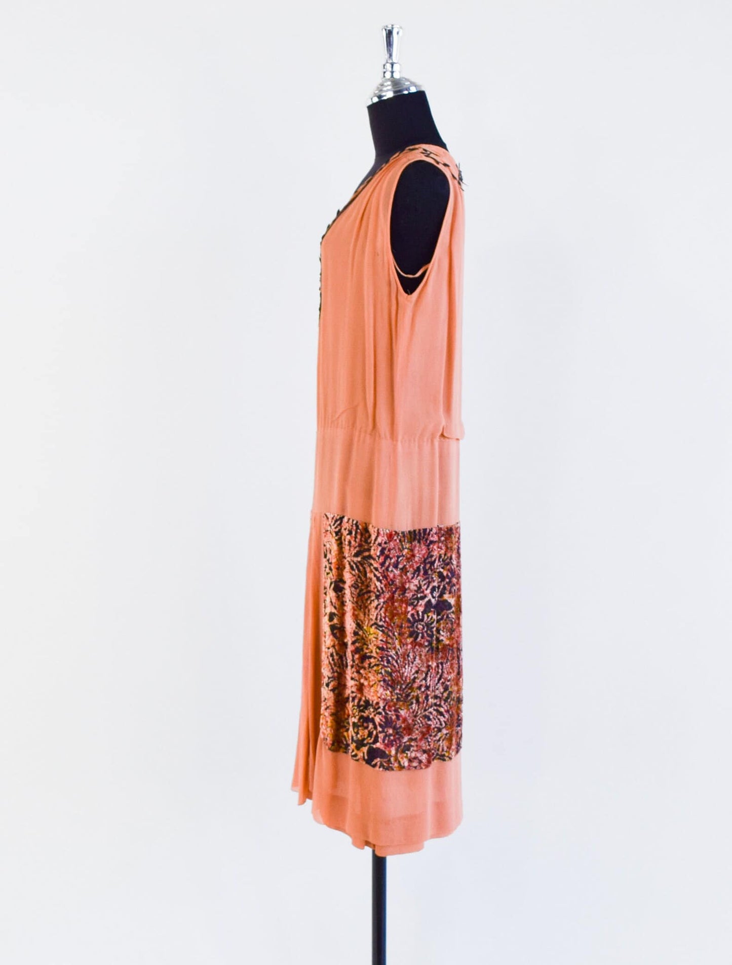 1920s Orange Silk Flapper Dress with Burnout Velvet Panels, Medium