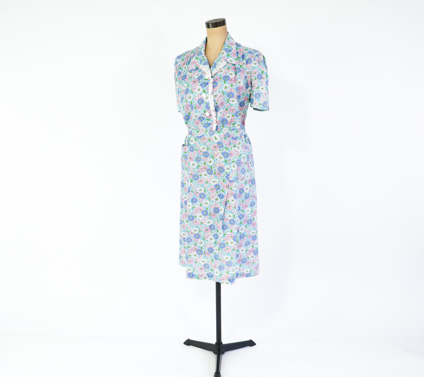 1940s Blue Pink Floral Cotton Day Dress, 40" Waist
