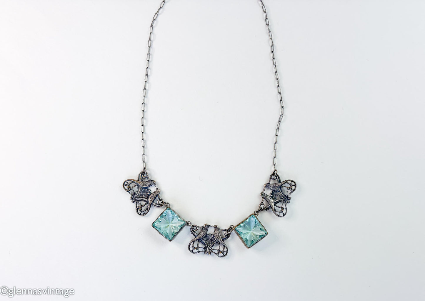 1900s Silver Glass Squares Choker Necklace