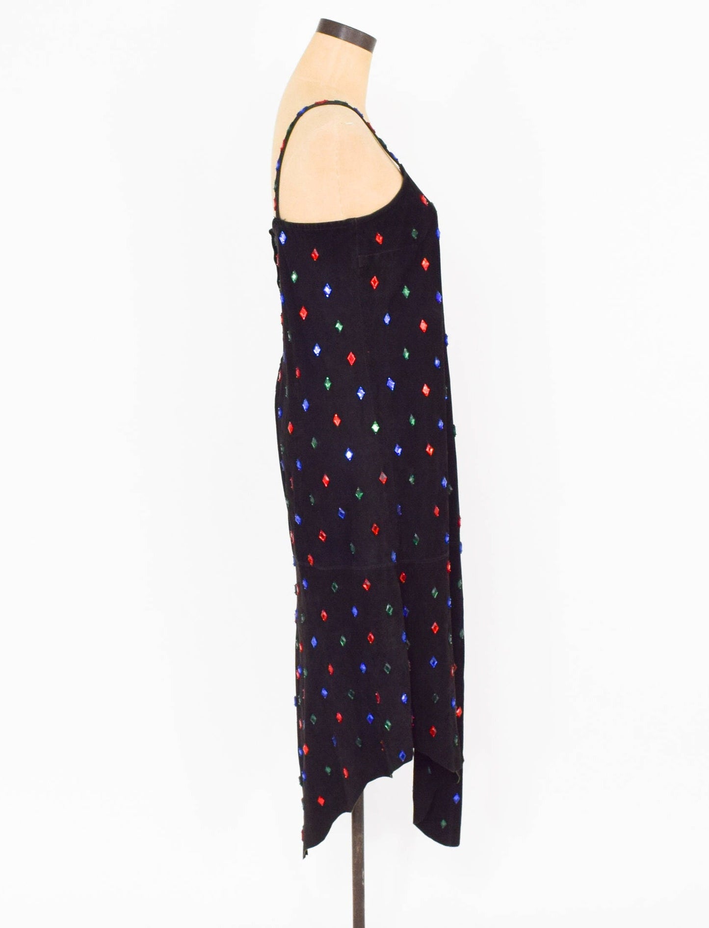 1980s Beaded Black Suede Leather Slip Dress, Medium