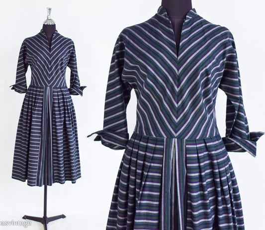 1940s Gray Chevron Striped Dress | 40s Striped  Cotton Day Dress | AnR Jr | Medium