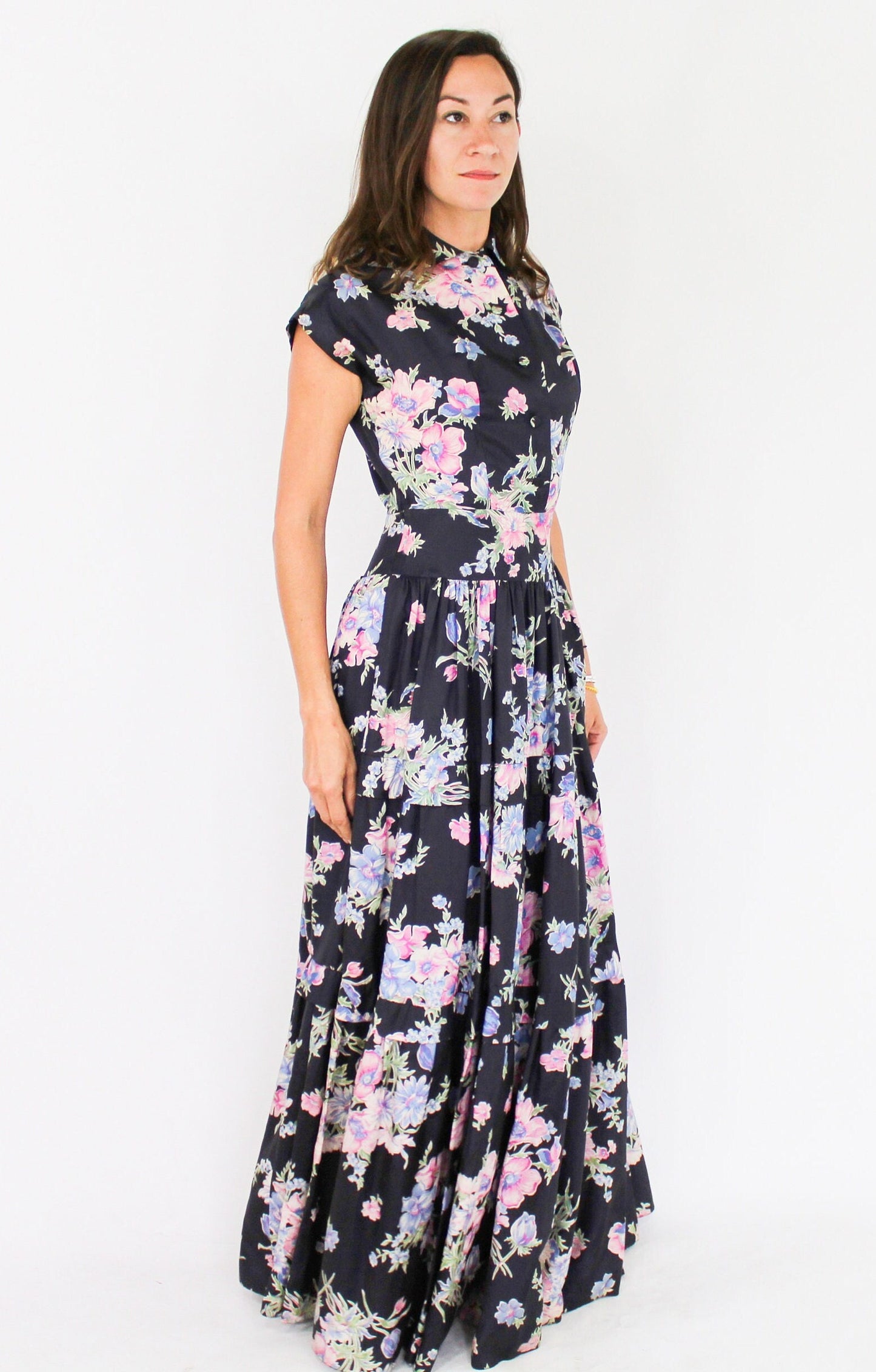 1940s Black Floral Print Evening Dress | 40s Black Flowered Sleeveless Hostess Gown | The Linzi Line | Small