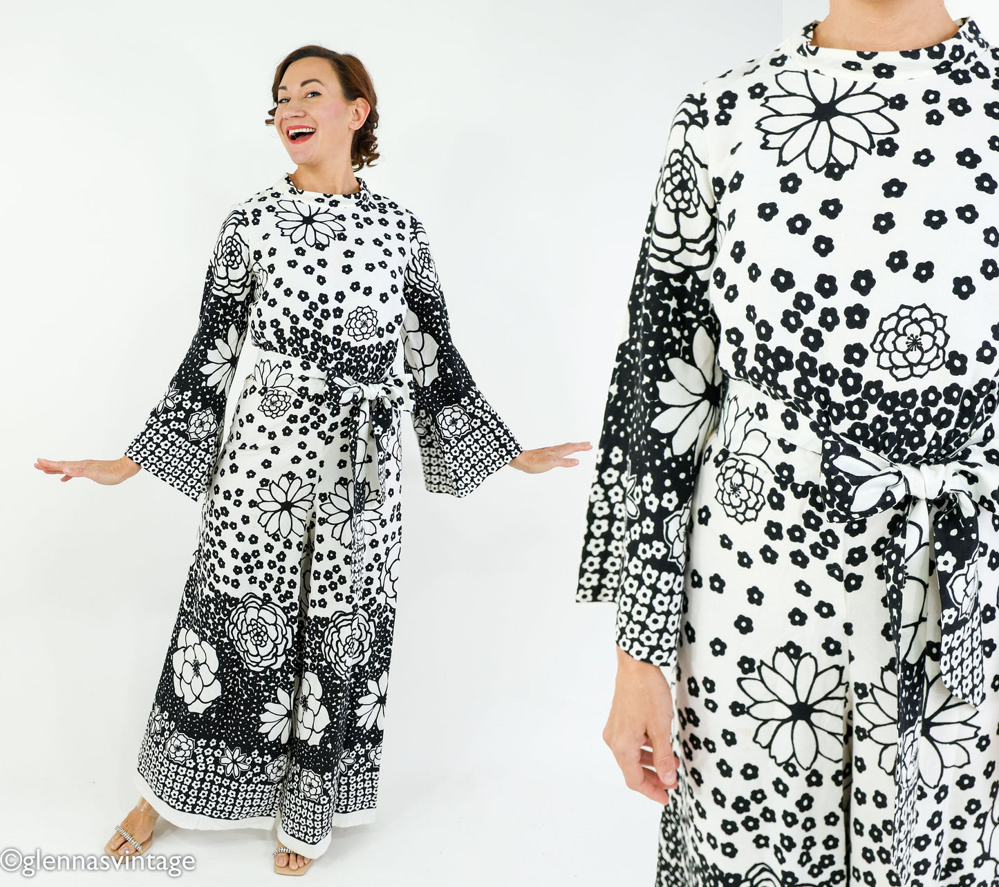 1970s Black & White Floral Print Jumpsuit with Wide Legs, Medium