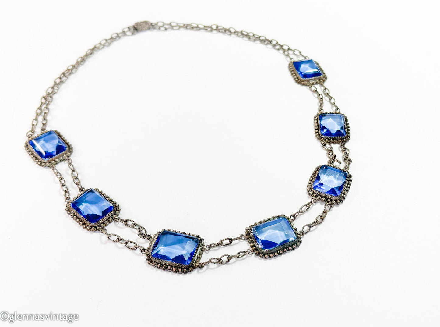 1900s Edwardian Blue Glass & Filigree Rectangle Necklace