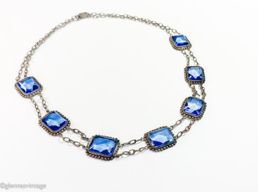 1900s Edwardian Blue Glass & Filigree Rectangle Necklace