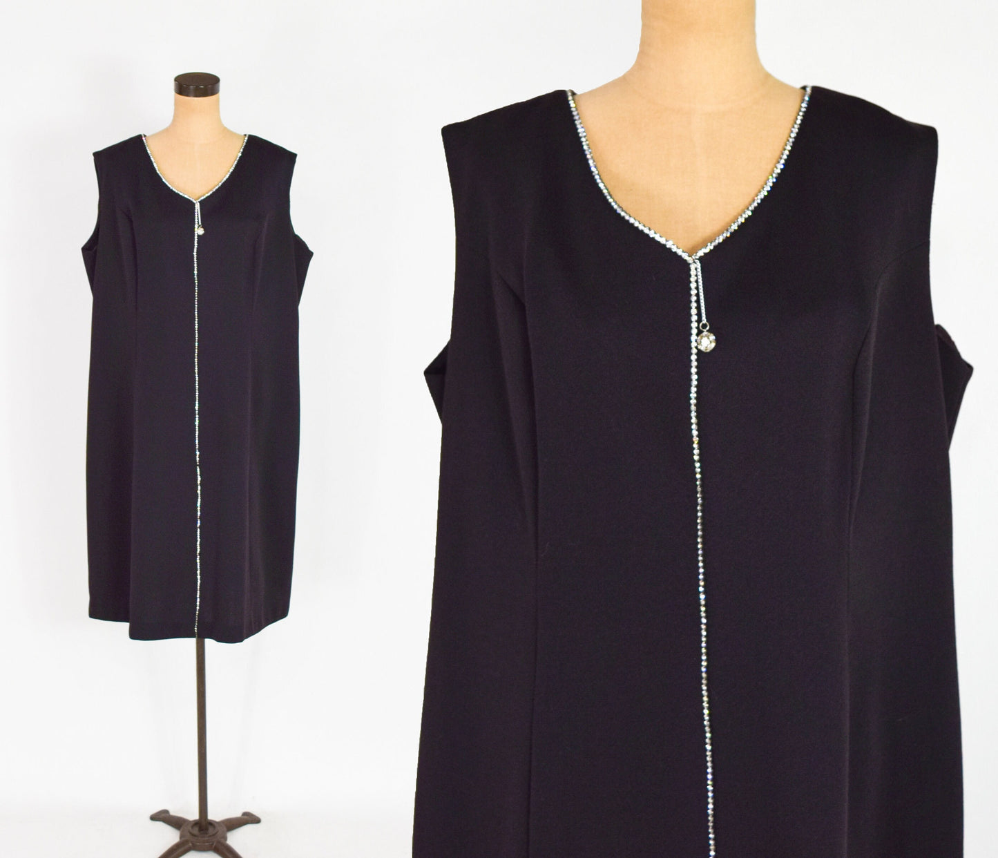 1960s Black Rhinestone Sleeveless Dress, 48” Waist