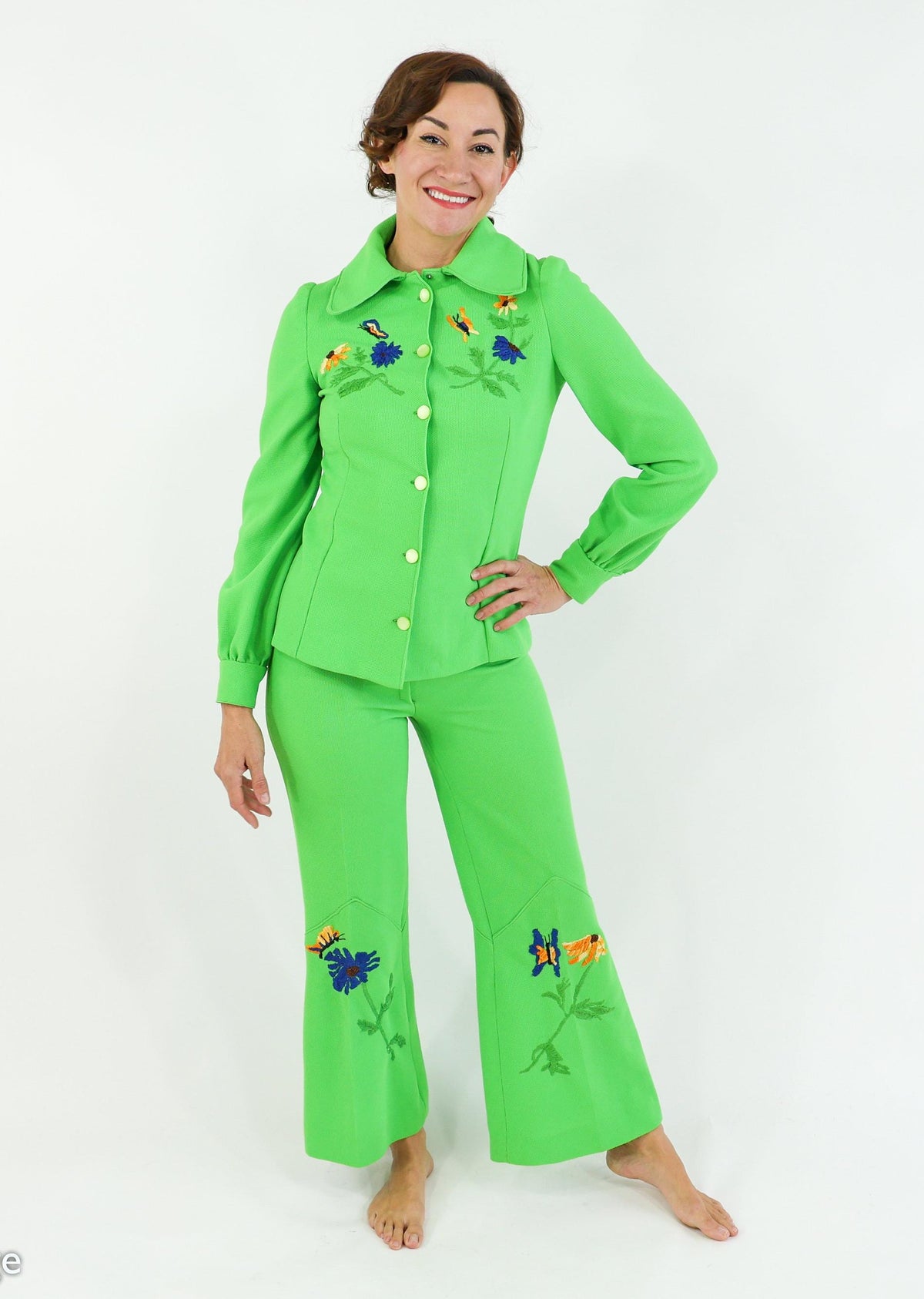 1970s Bright Green Polyester Pantsuit, Top & Pants Set, Small