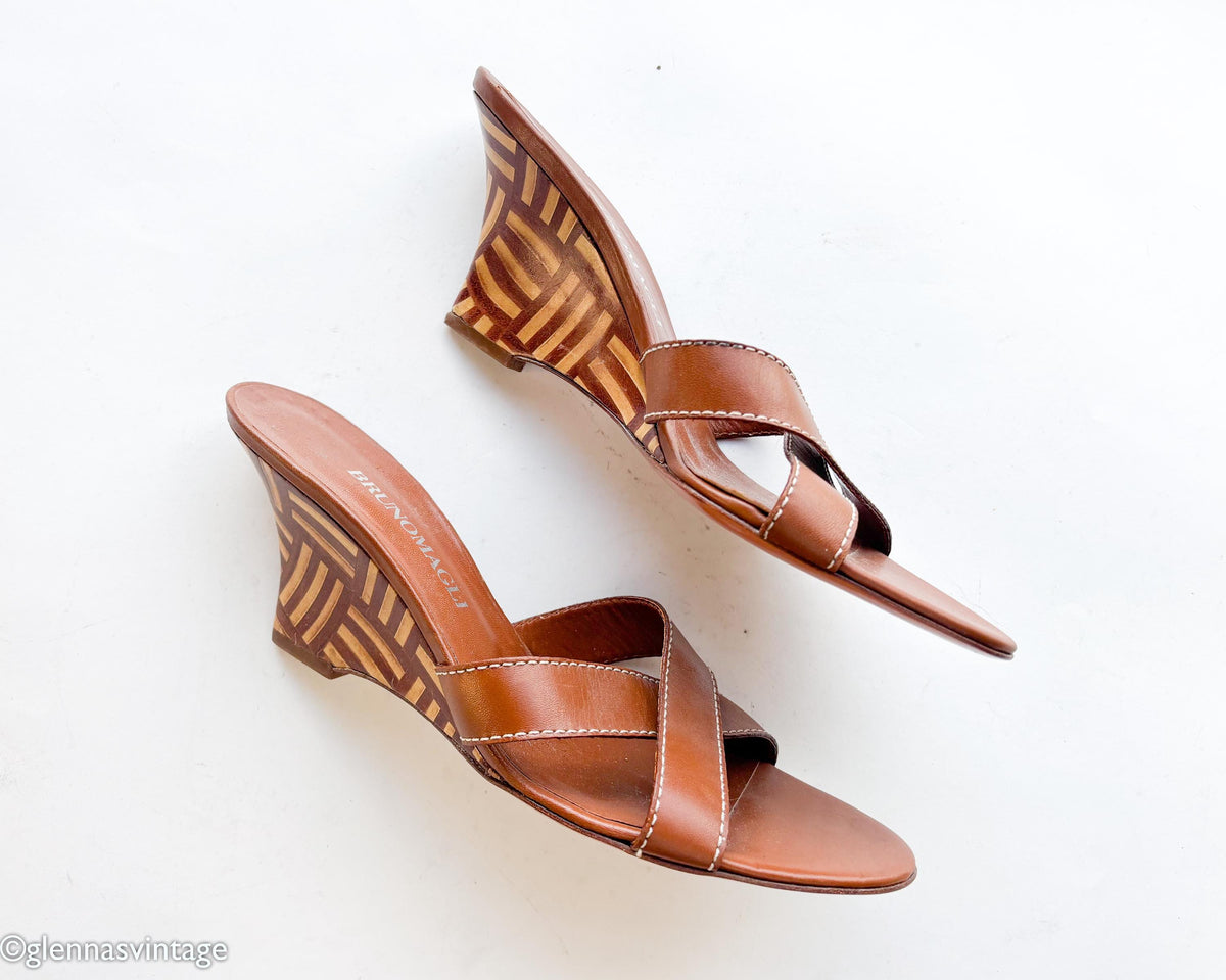 1990s Brown Leather Wedge Sandal Heels, Bruno Magli, US 6, EU 36.5