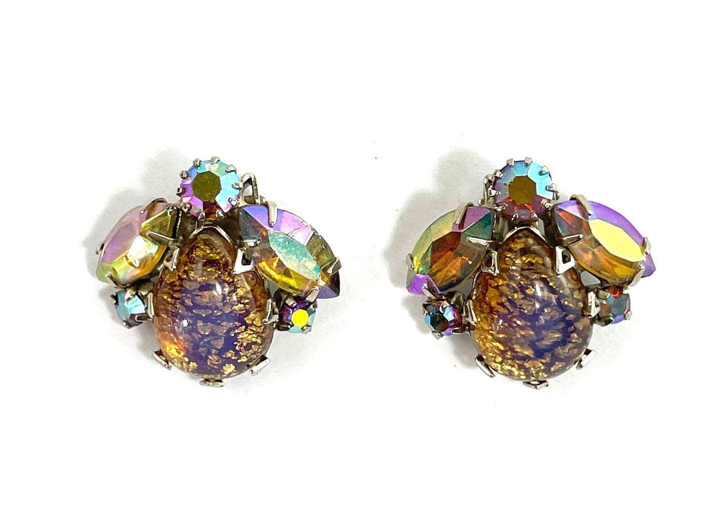 1950s Rhinestone Clip Earrings | Gold Foiled Glass Teardrops