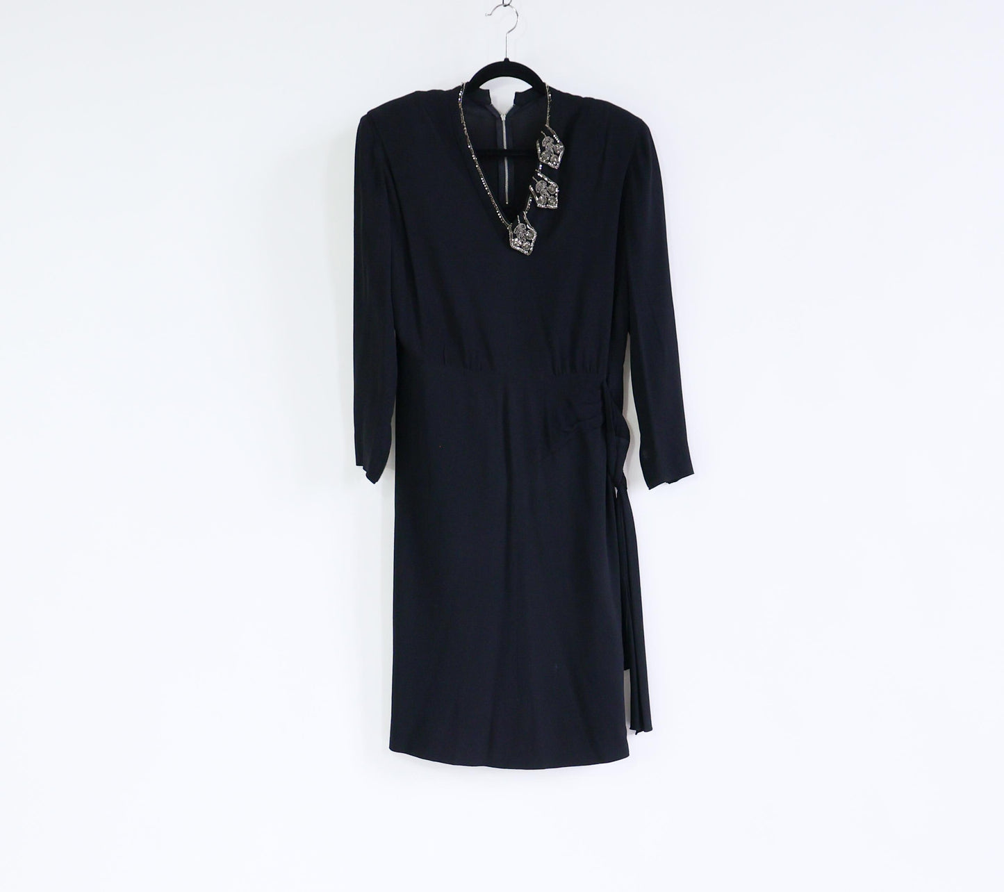1940s Black Dress with Beaded Neckline, Extra Large, 36" Waist