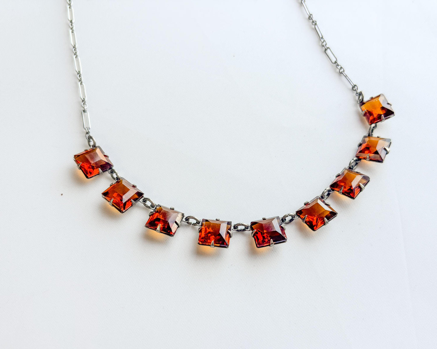 1940s Amber Glass Necklace | Crystal Squares Necklace