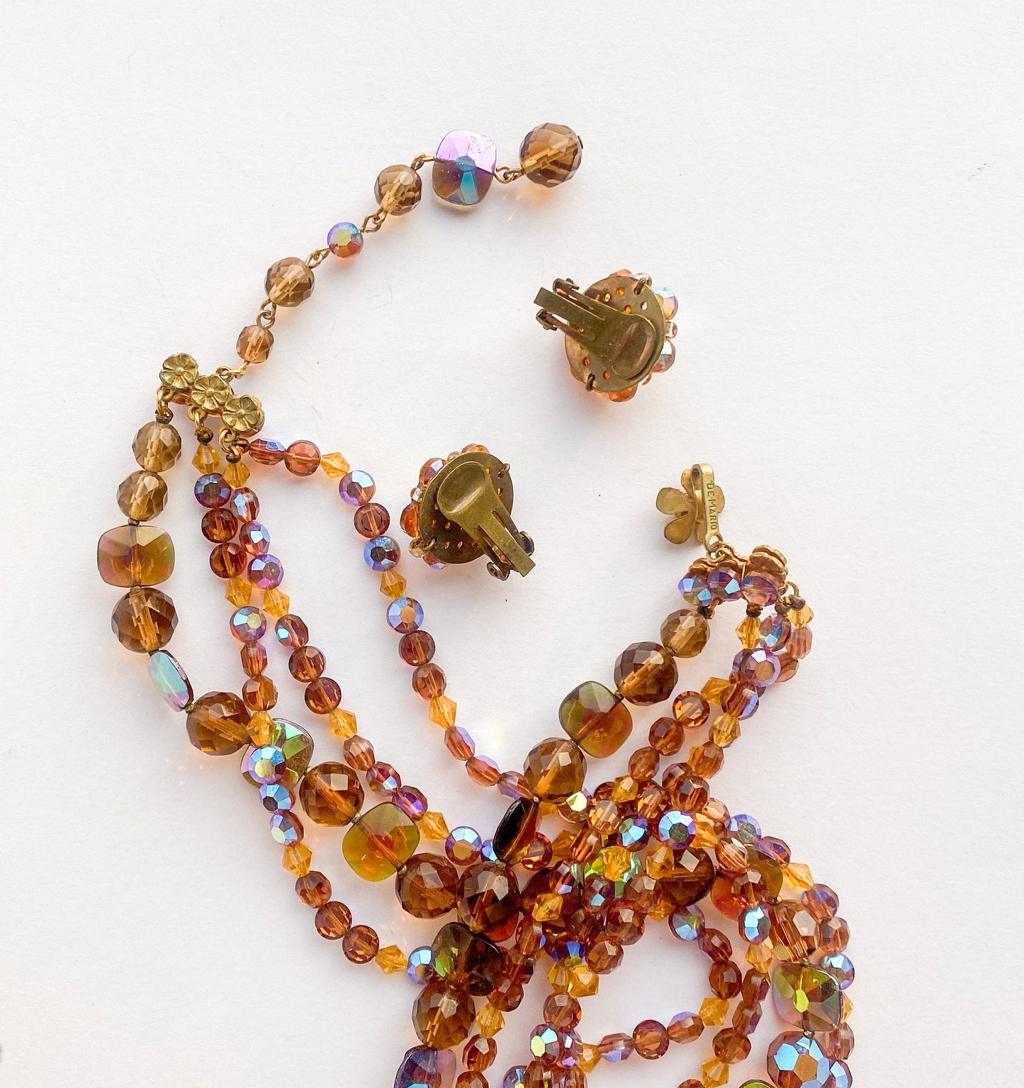 1950s Gold Crystal Necklace Set & Clip Earrings Set, De Mario Jewelry Set