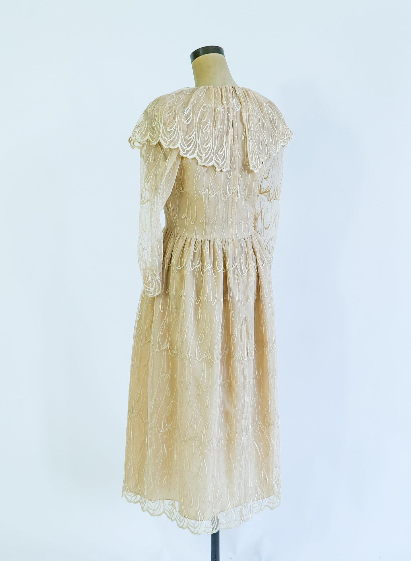 1980s Beige Lace Party Dress | Ruffled Portrait Collar, Medium