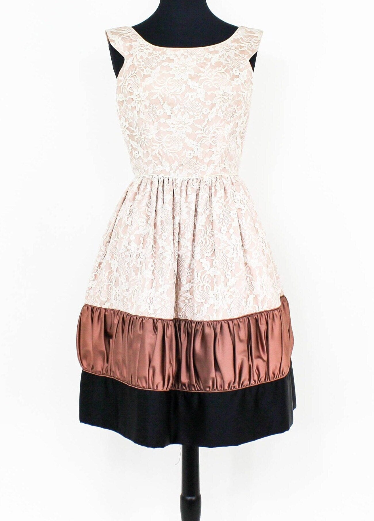 1950s Beige Lace & Brown Satin Party Dress, Medium