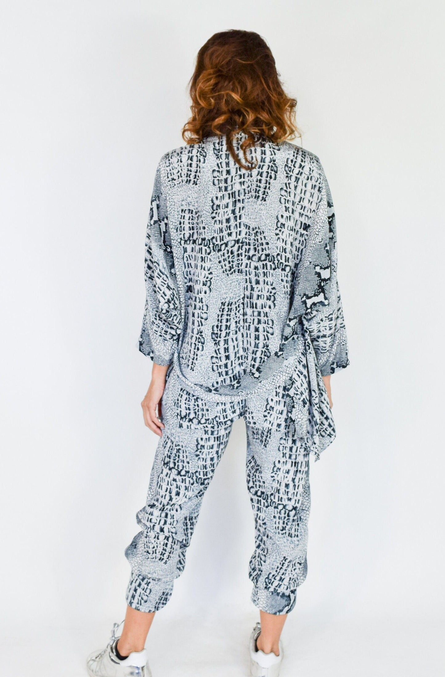 1980s Grey Reptile Print Pant Suit, Gray Jacket & Pants Set, Medium