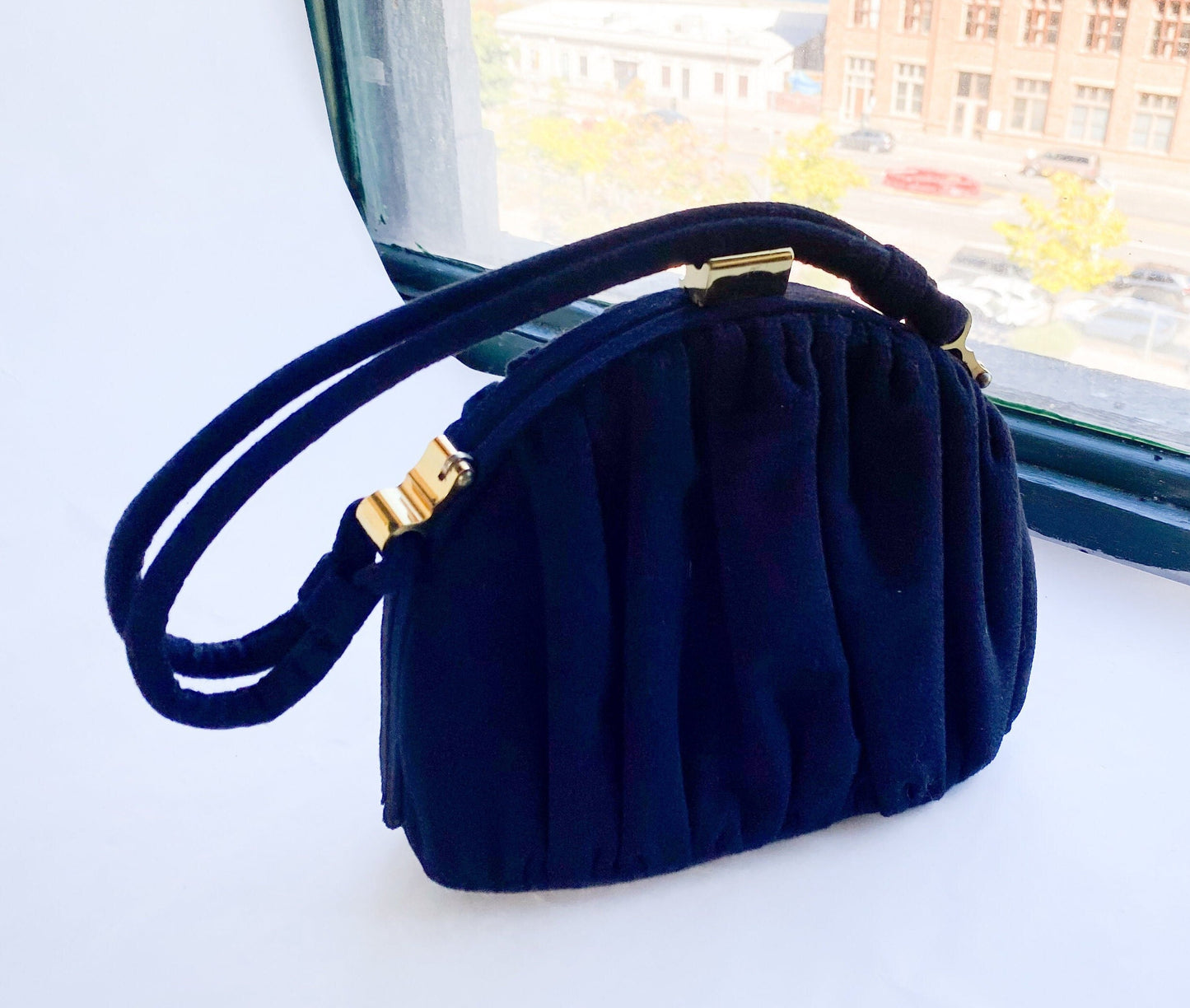 1940s Black Wool Handbag | 40s Black Gathered Wool Purse