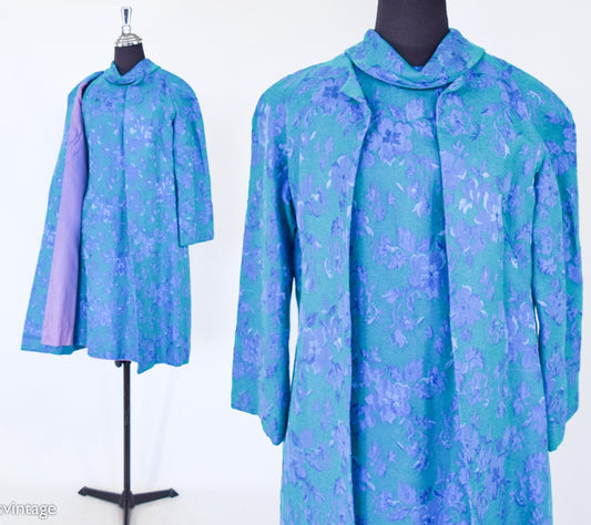 1960s Blue Brocade Coat Dress Set | 60s Turquoise Blue & Lavender Floral Brocade Dress Set | Jackie O | Small