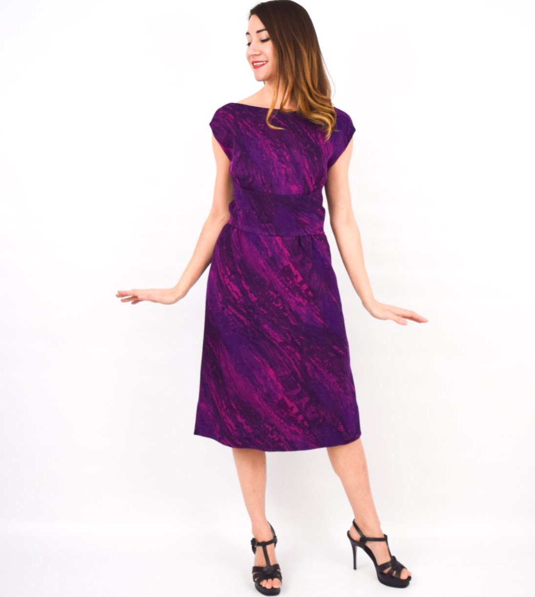 1950s Vintage Purple Wool Party Dress, Small