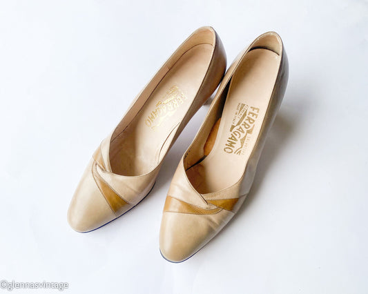 Vintage Ferragamo Leather Heels | 1980s Tan Pumps, US 8