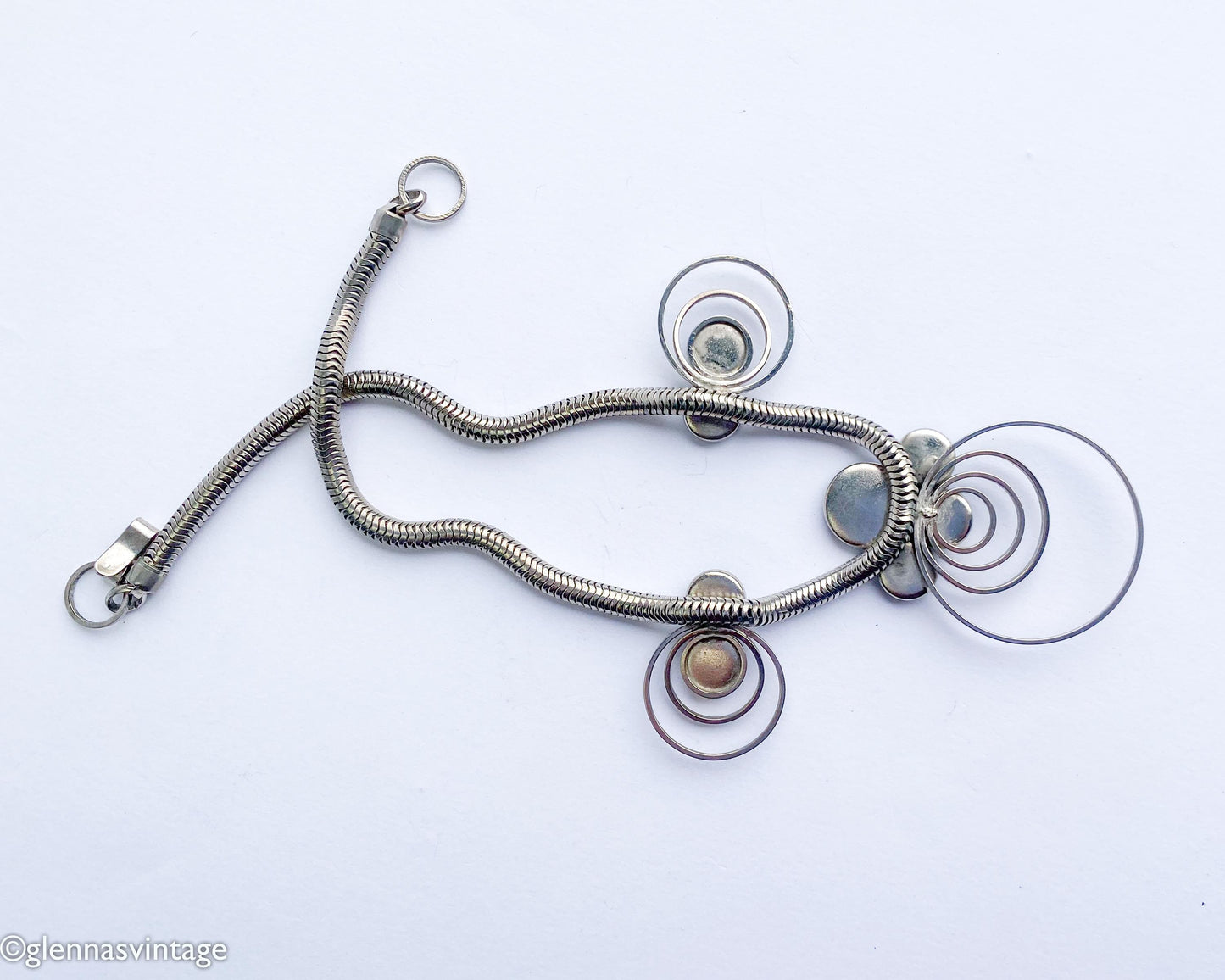 1960s Mod Necklace | Silver Circles, Green Glass Pendant