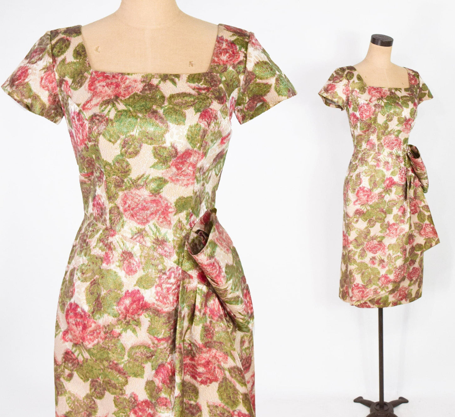 1950s Pink Green Floral Rose Print Party Dress in Brocade, Du Barry Fashion, Small
