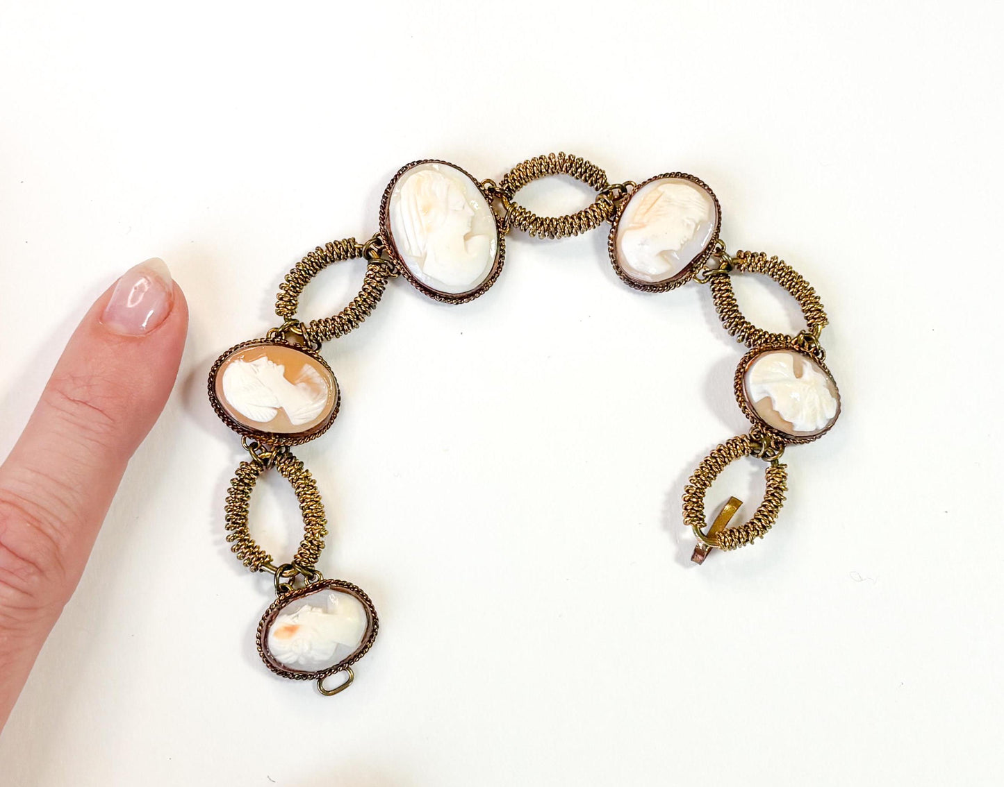 Antique Shell Cameo & Brass Bracelet, 1900s Jewelry