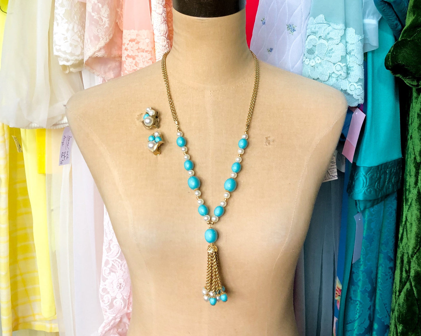 1960s Turquoise and Faux Pearl Necklace Set | Gold Pendant and Clip Earrings
