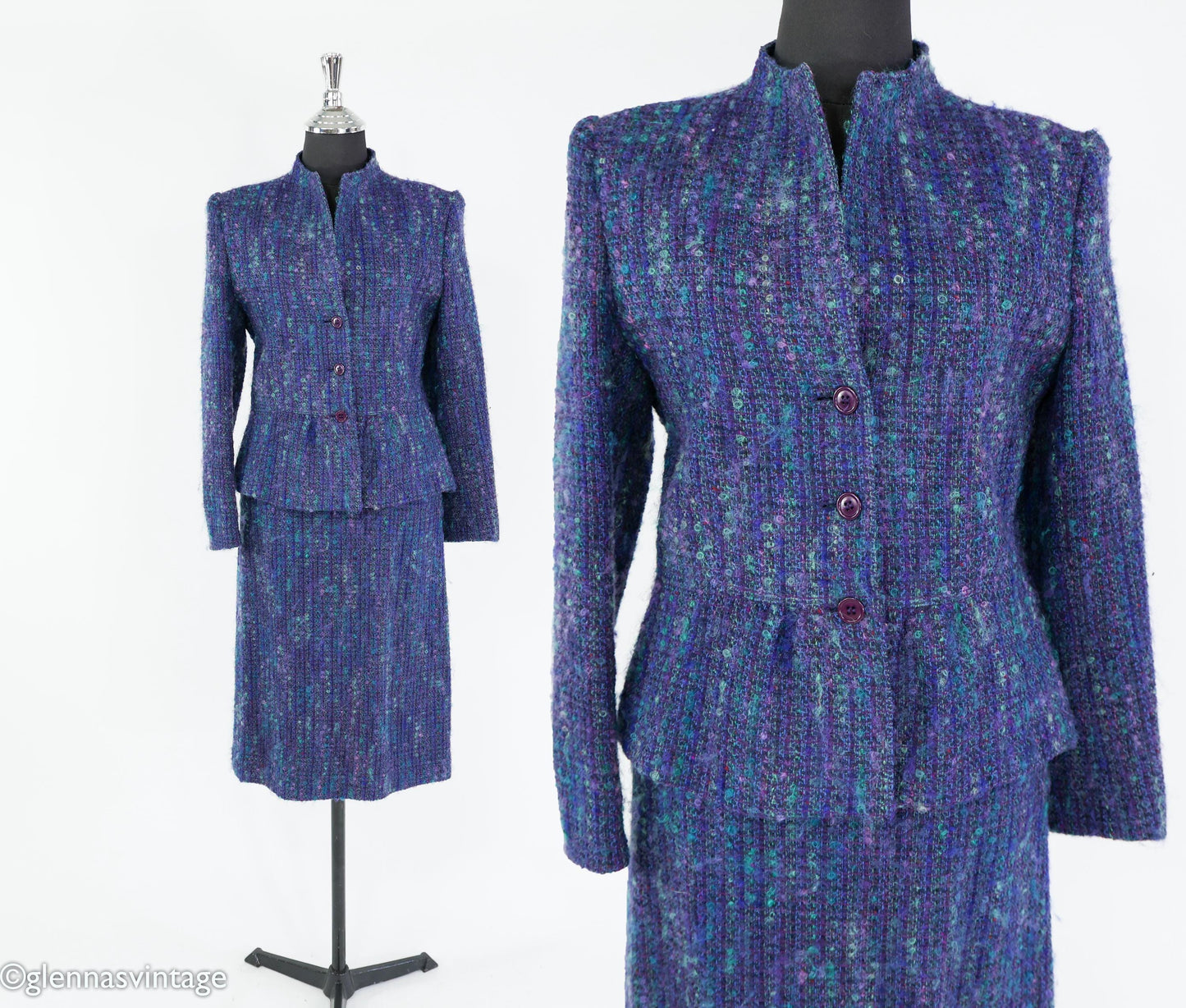 1960s Blue Purple Wool Suit | 60s Purple Wool Tweed Skirt Suit | Jim Baldwin | Medium