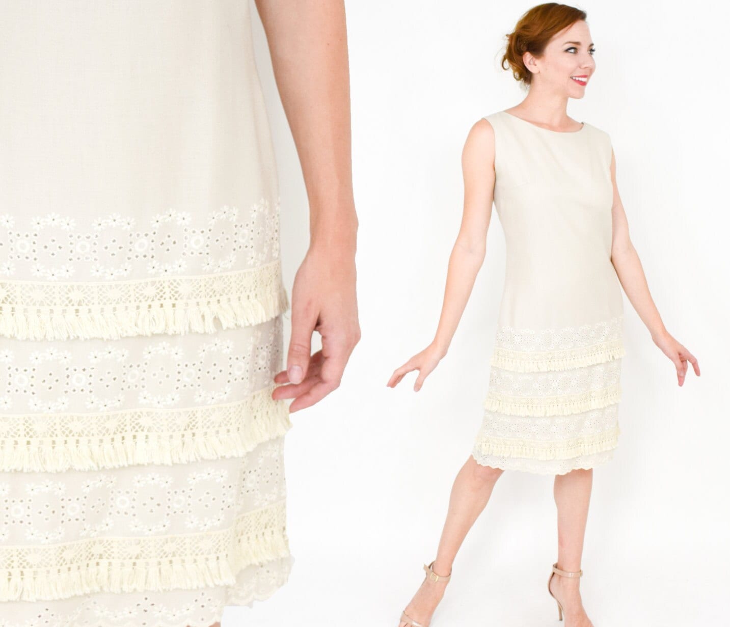 1950s Creme Cotton Fringe Sheath, Medium