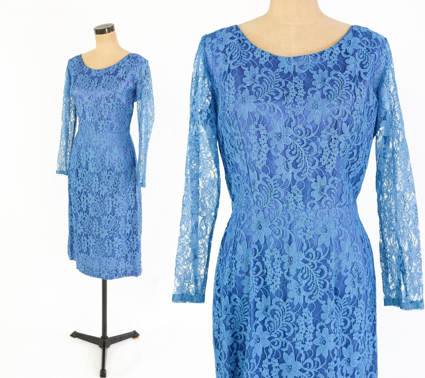 1950s Blue Lace Cocktail Dress, Medium