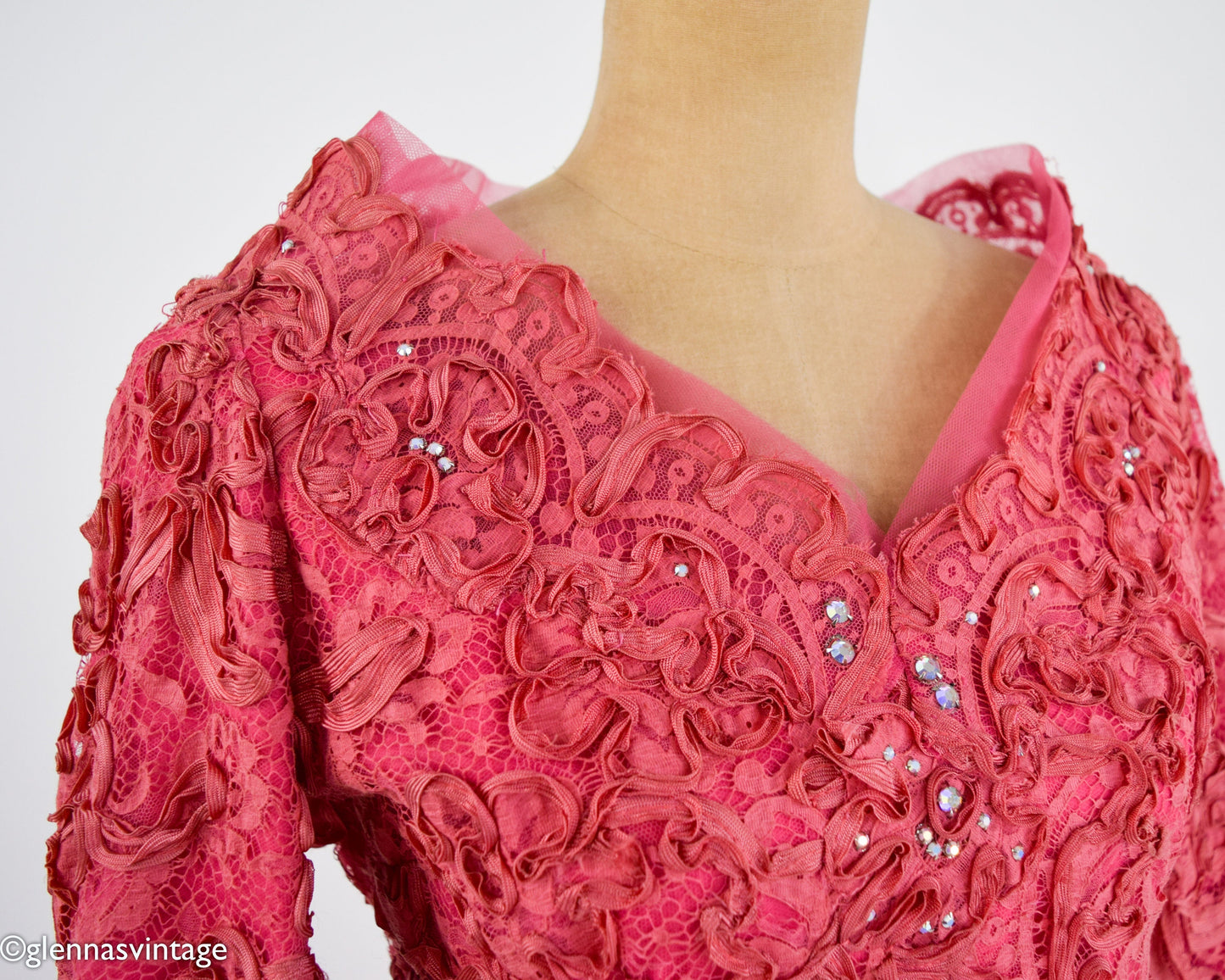 1940s Coral Pink Lace & Rhinestone Evening Gown | 40s Pink Soutache Lace Rhinestone Dress | Old Hollywood | Medium